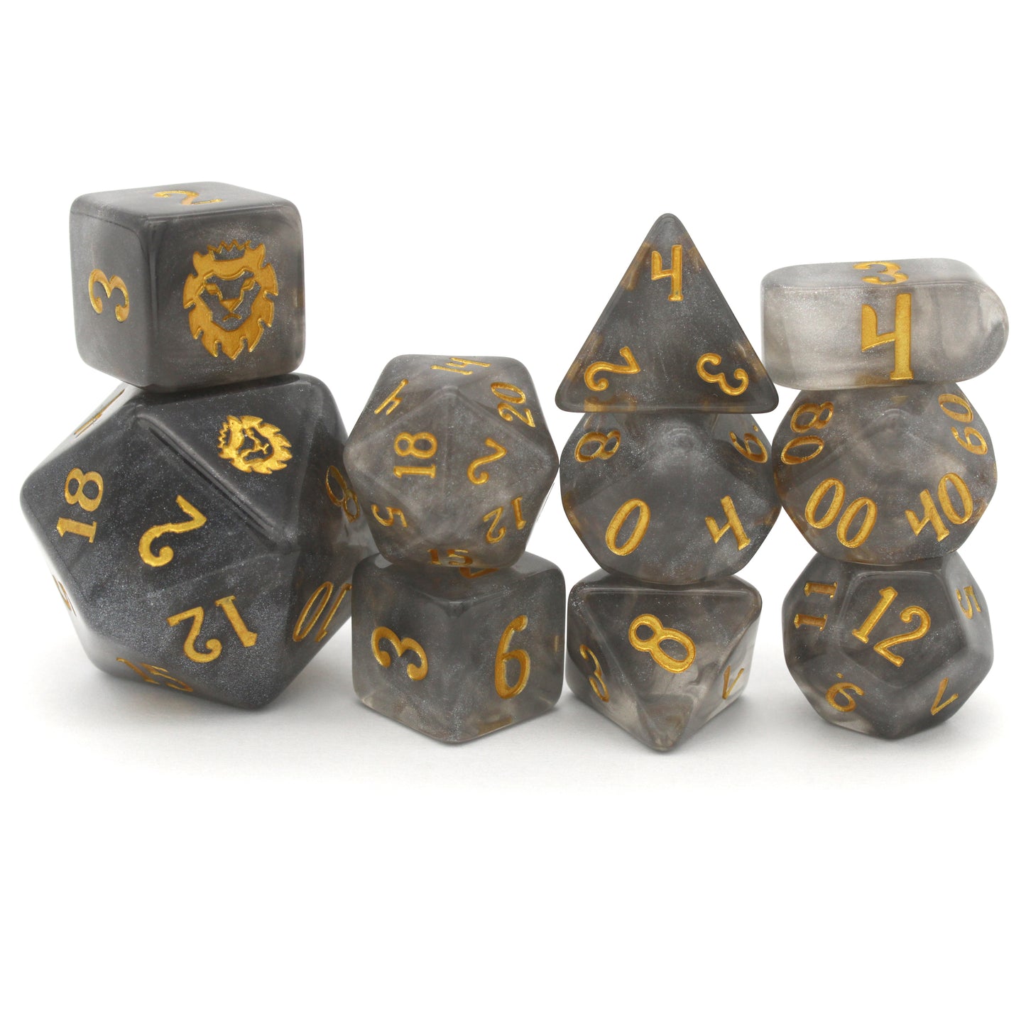 Daybreak is a 10-piece set of shimmering, silvery, grey acrylic dice, inked in gold.