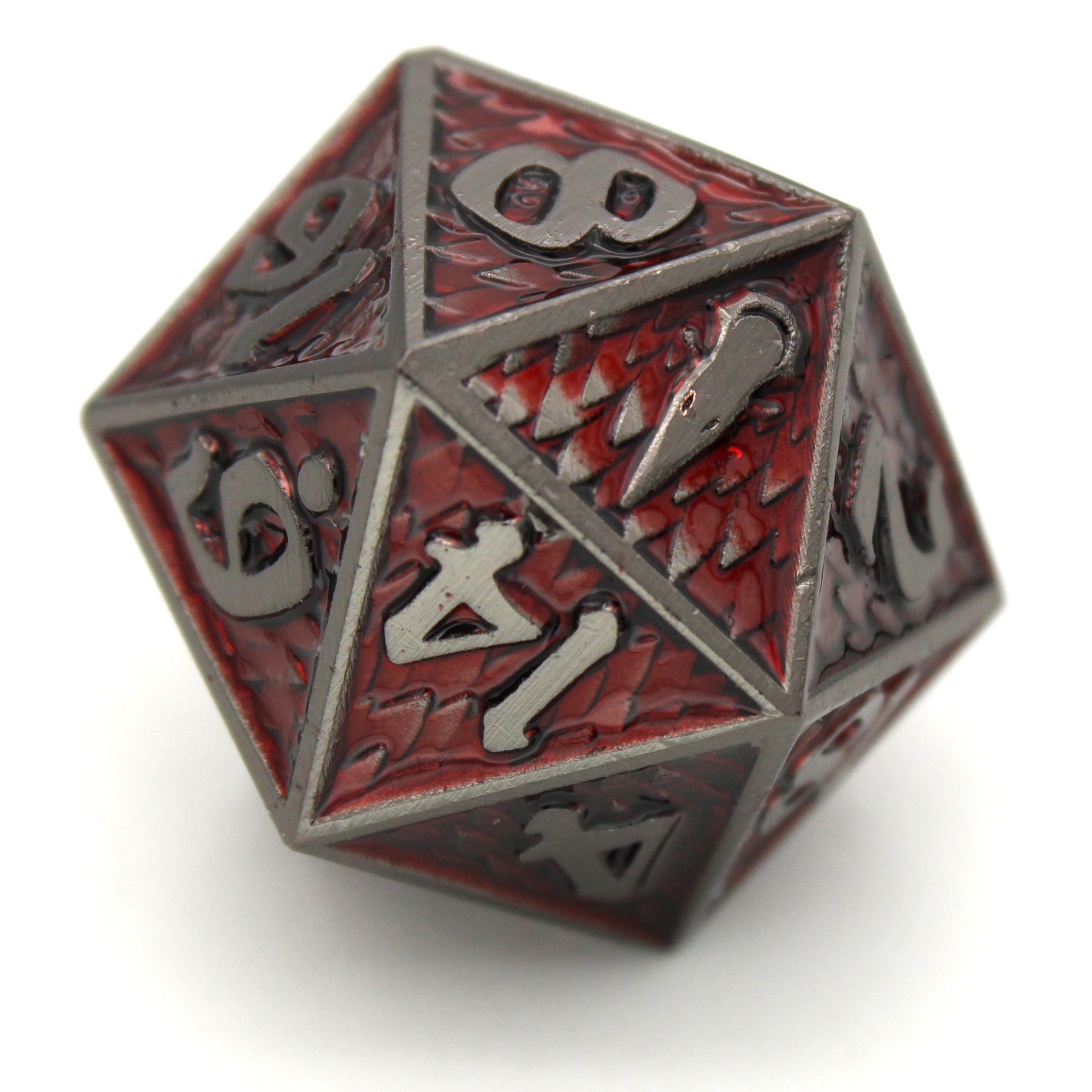 Death Mother is an 8-piece Dice Envy exclusive set of gunmetal dice in our Raven Queen mold, cloaked in blood red ink.