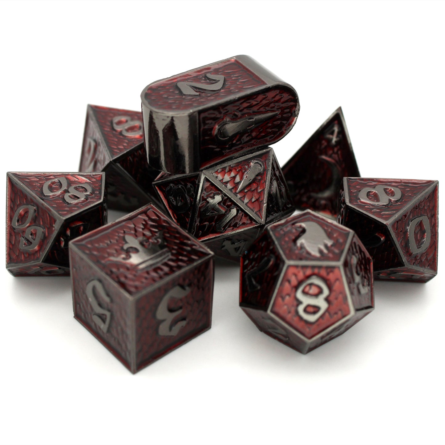 Death Mother is an 8-piece Dice Envy exclusive set of gunmetal dice in our Raven Queen mold, cloaked in blood red ink.