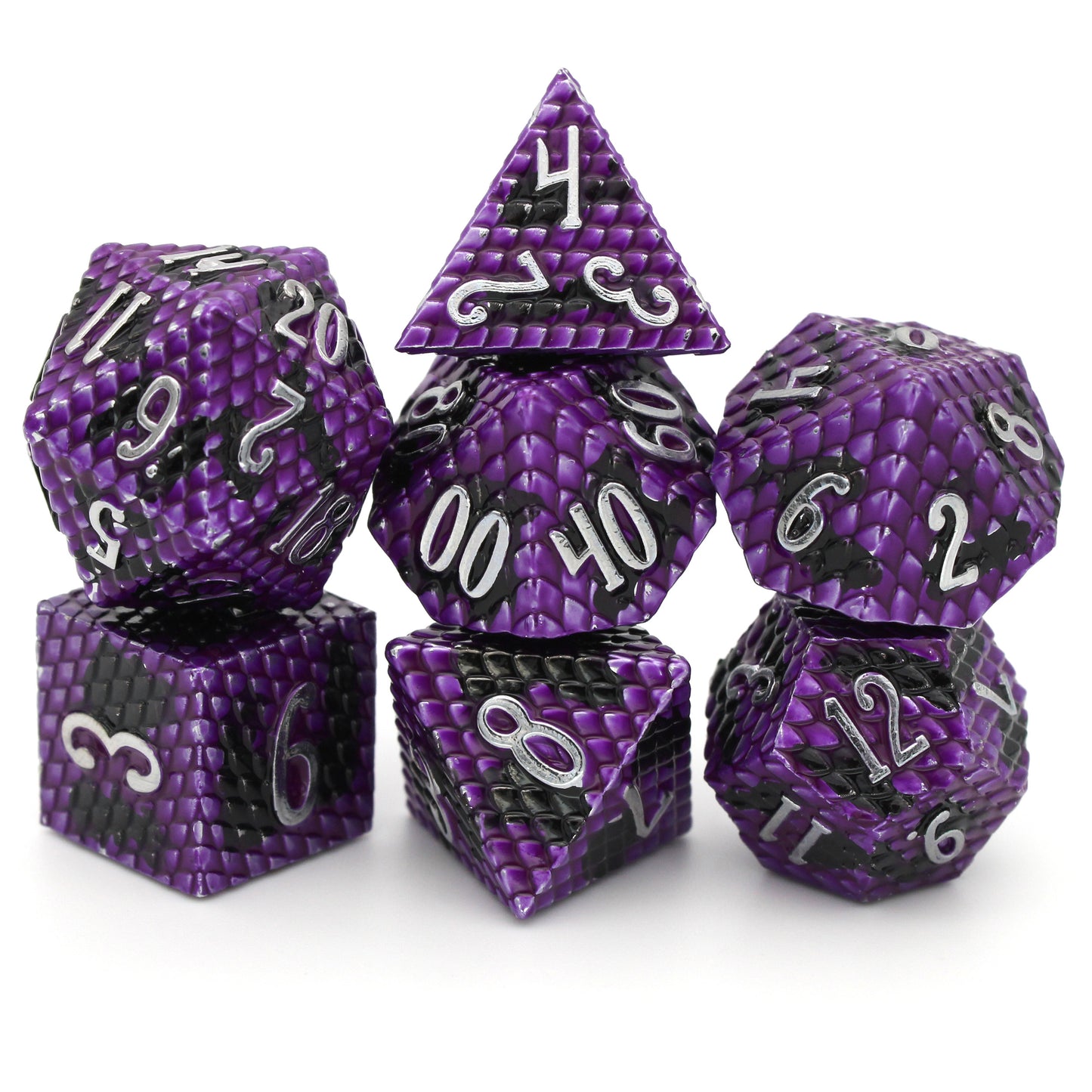 Deep Dragon is a 7-piece purple and black scaled metal set with cool silver numbering.