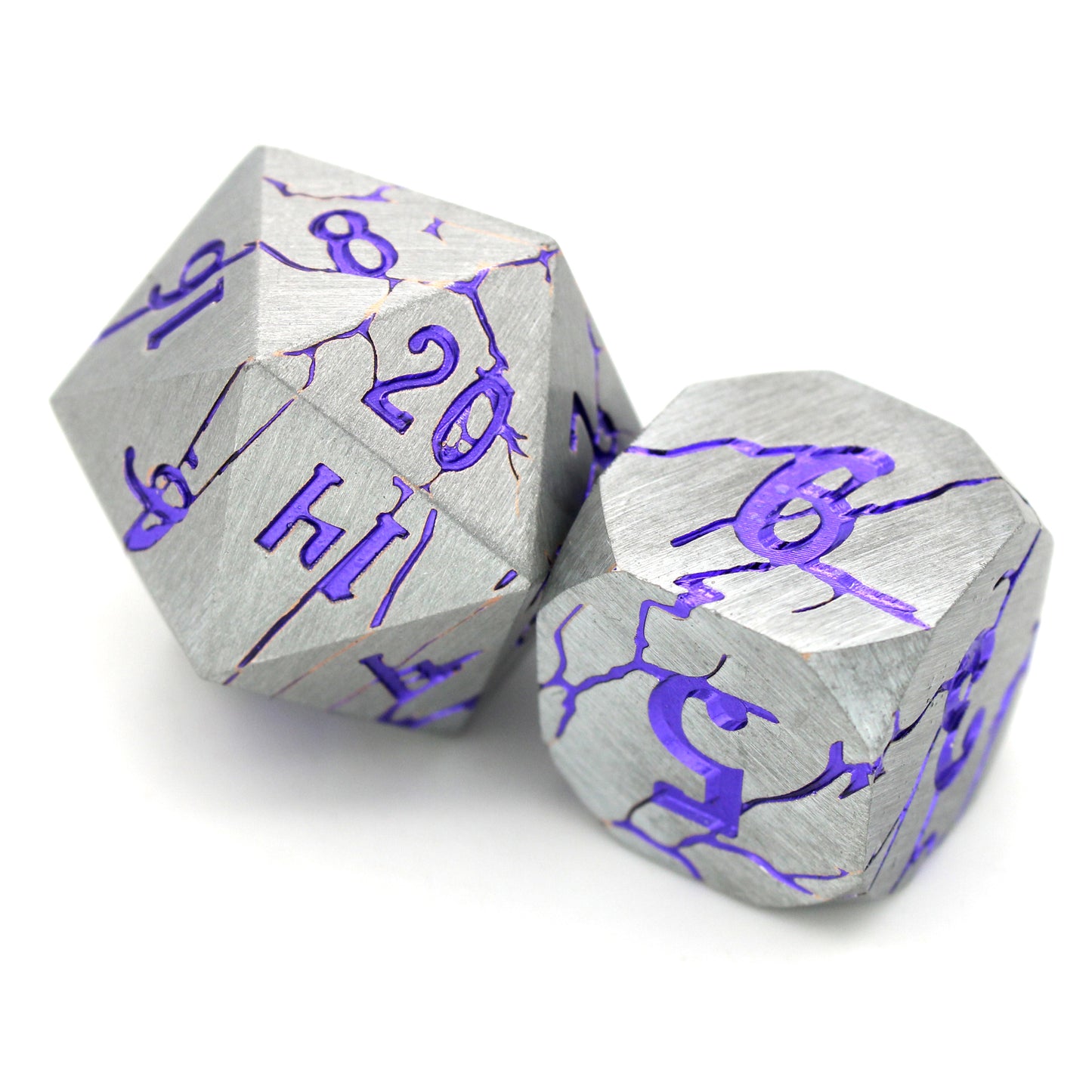 Dis Delights is a 7-piece set of silver dice, with lines and numbers of gleaming metallic purple.