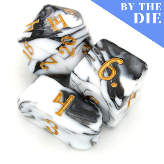 DLucks (by the die) individual dice feature black and white swirled acrylic with gold ink.