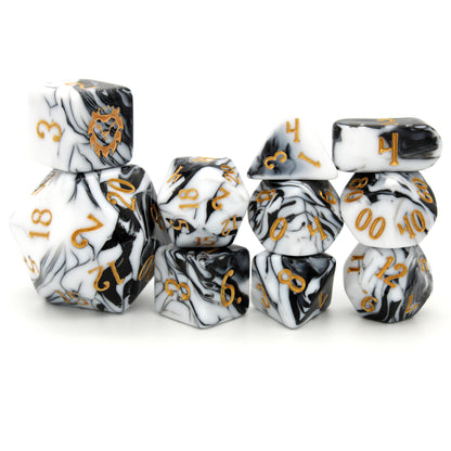 DLucks is a 10-piece, black and white swirled acrylic set with gold ink.