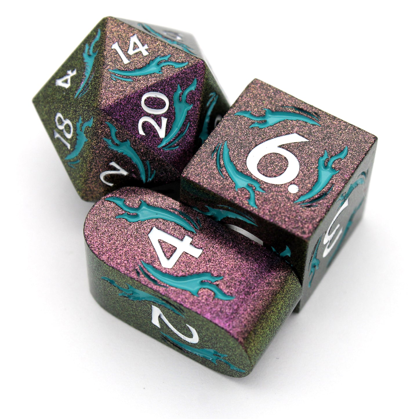 Doomspace is an 8-piece metal set in color-shifting purple-green with tendrils of teal enamel, inked in white.