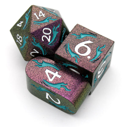 Doomspace is an 8-piece metal set in color-shifting purple-green with tendrils of teal enamel, inked in white.