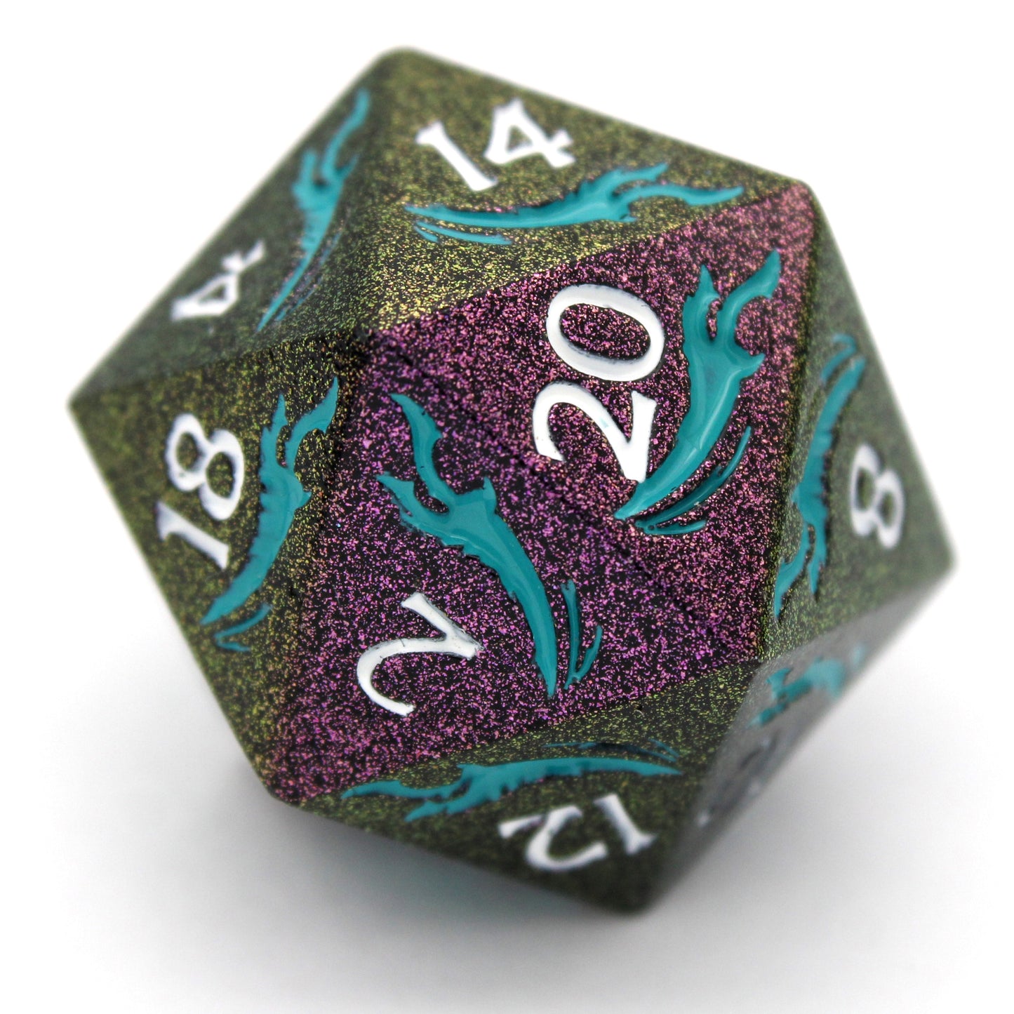 Doomspace is an 8-piece metal set in color-shifting purple-green with tendrils of teal enamel, inked in white.