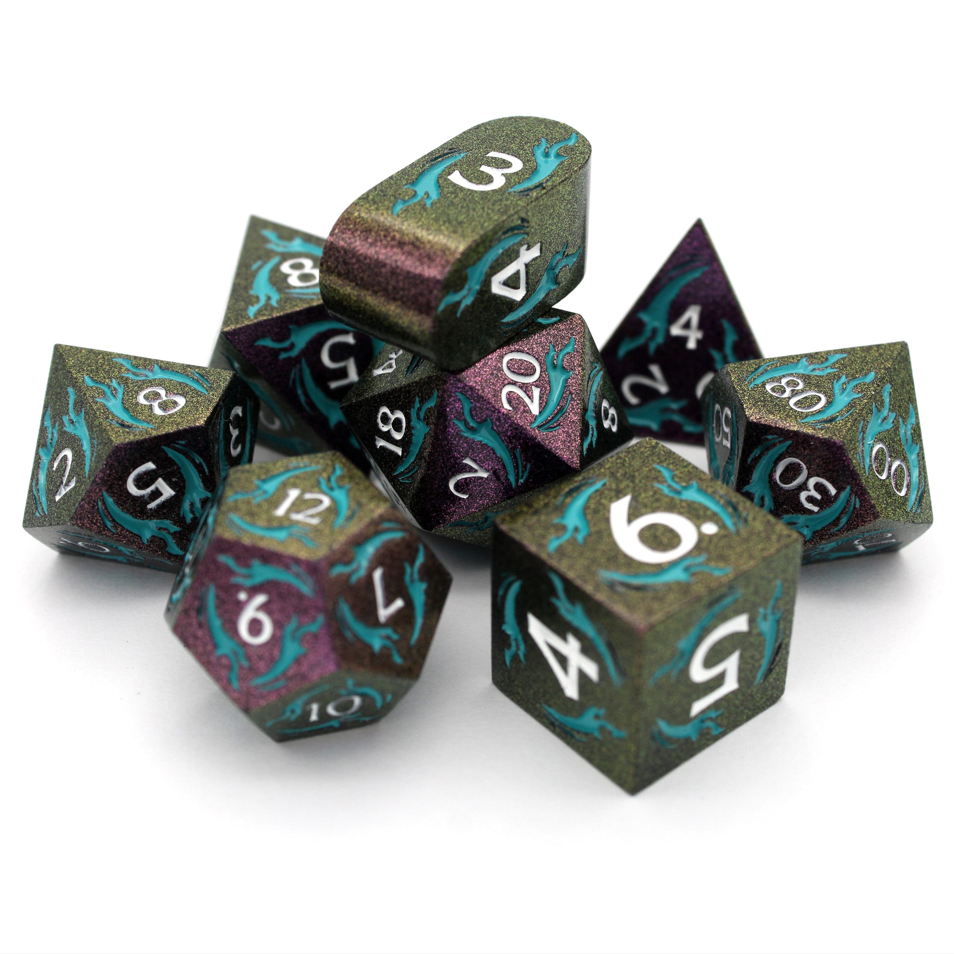 Doomspace is an 8-piece metal set in color-shifting purple-green with tendrils of teal enamel, inked in white.