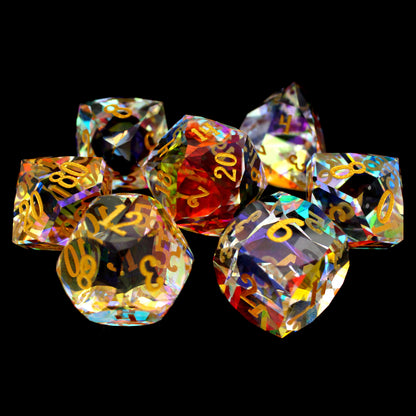 Eternal Dawn is a 7-piece, double-cut, multi-faceted rainbow crystal set with gold engraved numbers.