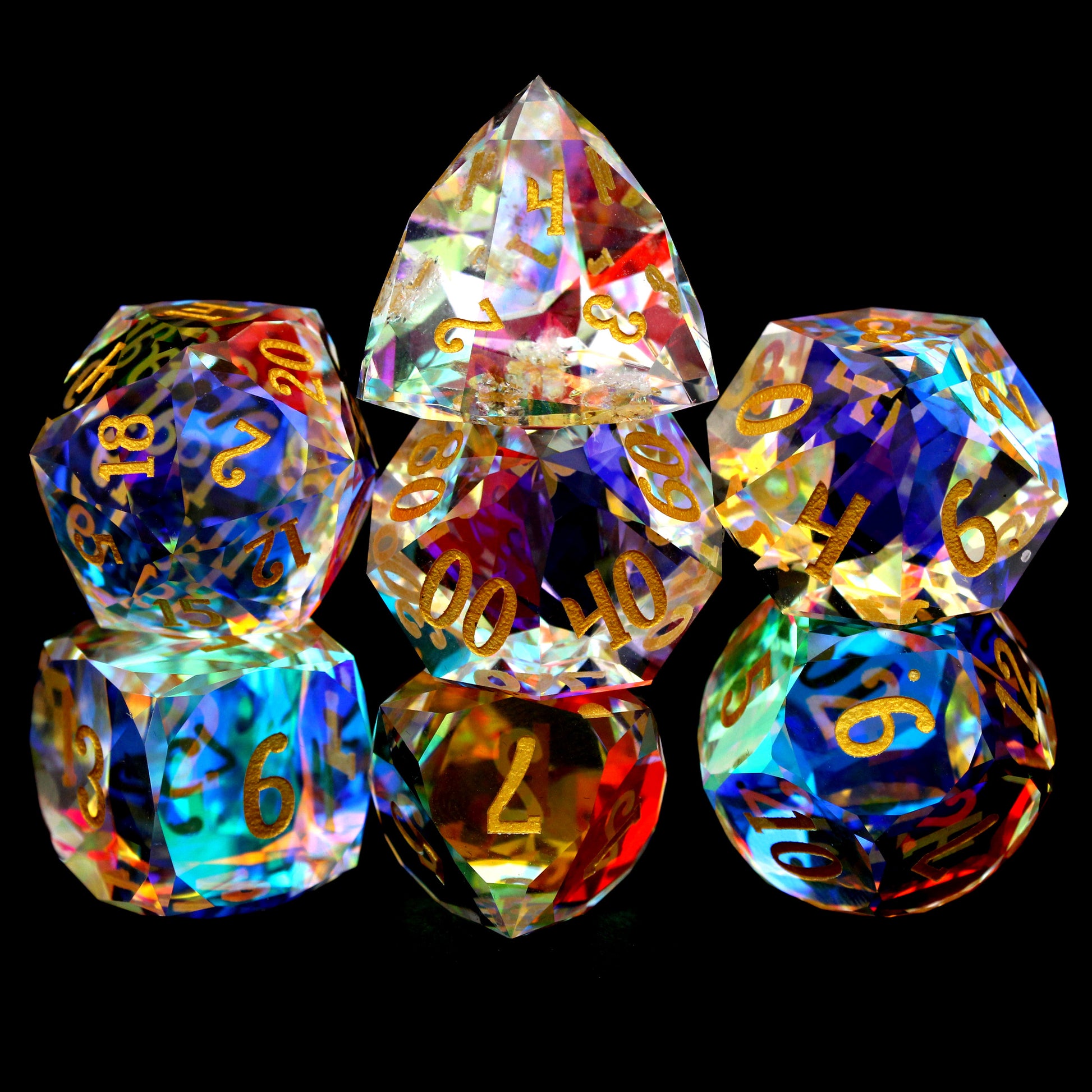 Eternal Dawn is a 7-piece, double-cut, multi-faceted rainbow crystal set with gold engraved numbers.