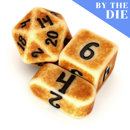 Dragon Bone (by the die) individual dice are a bone-colored resin with a matte finish and darkened center pattern. A boney part of our Monstrous Elements collection!