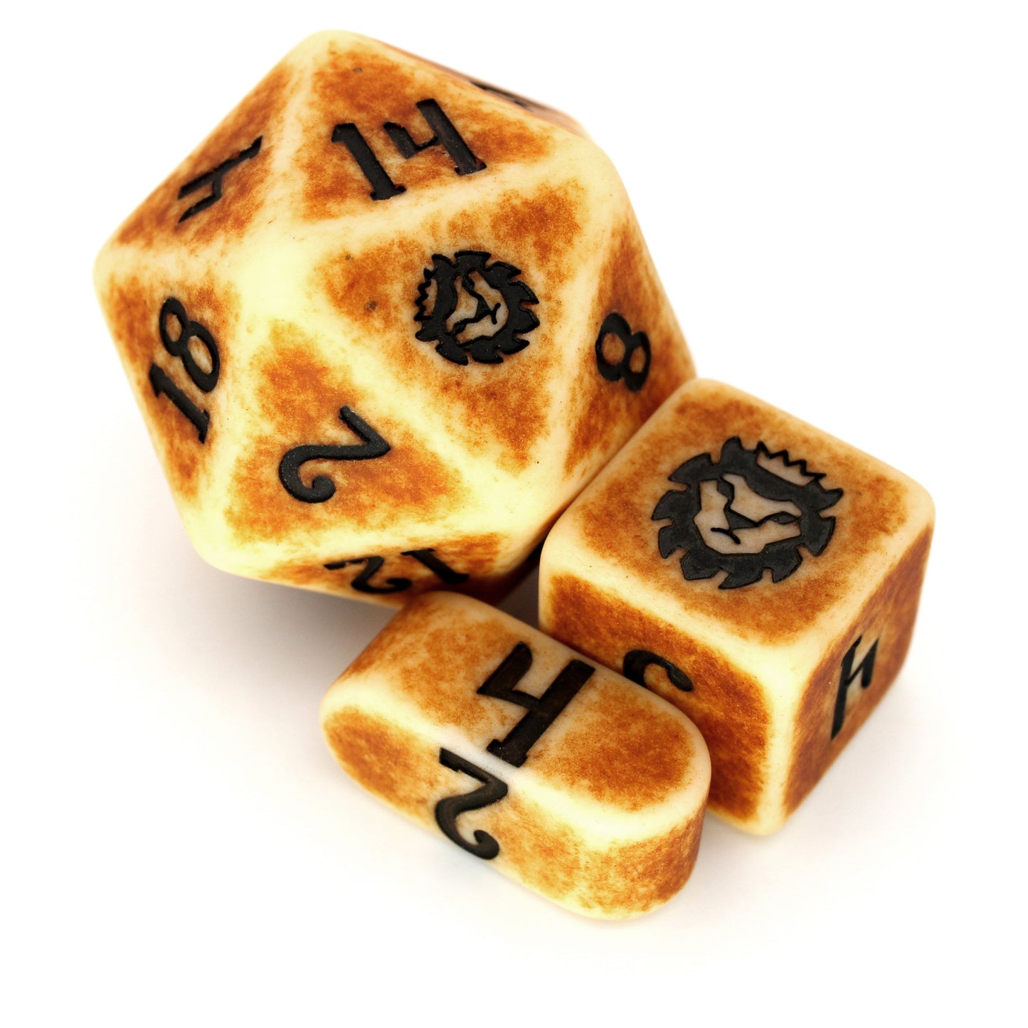 Dragon Bone (by the die) individual dice are a bone-colored resin with a matte finish and darkened center pattern. A boney part of our Monstrous Elements collection!