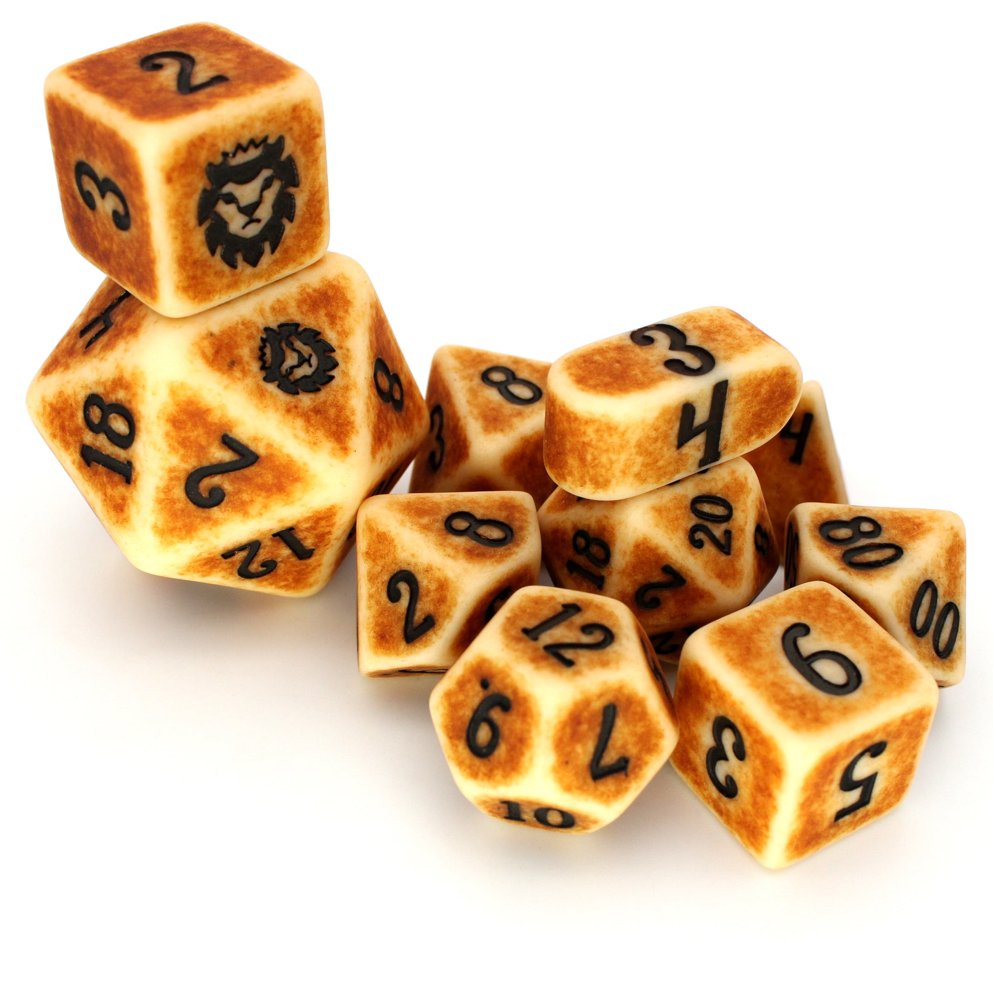 Dragon Bone (by the die) individual dice are a bone-colored resin with a matte finish and darkened center pattern. A boney part of our Monstrous Elements collection!