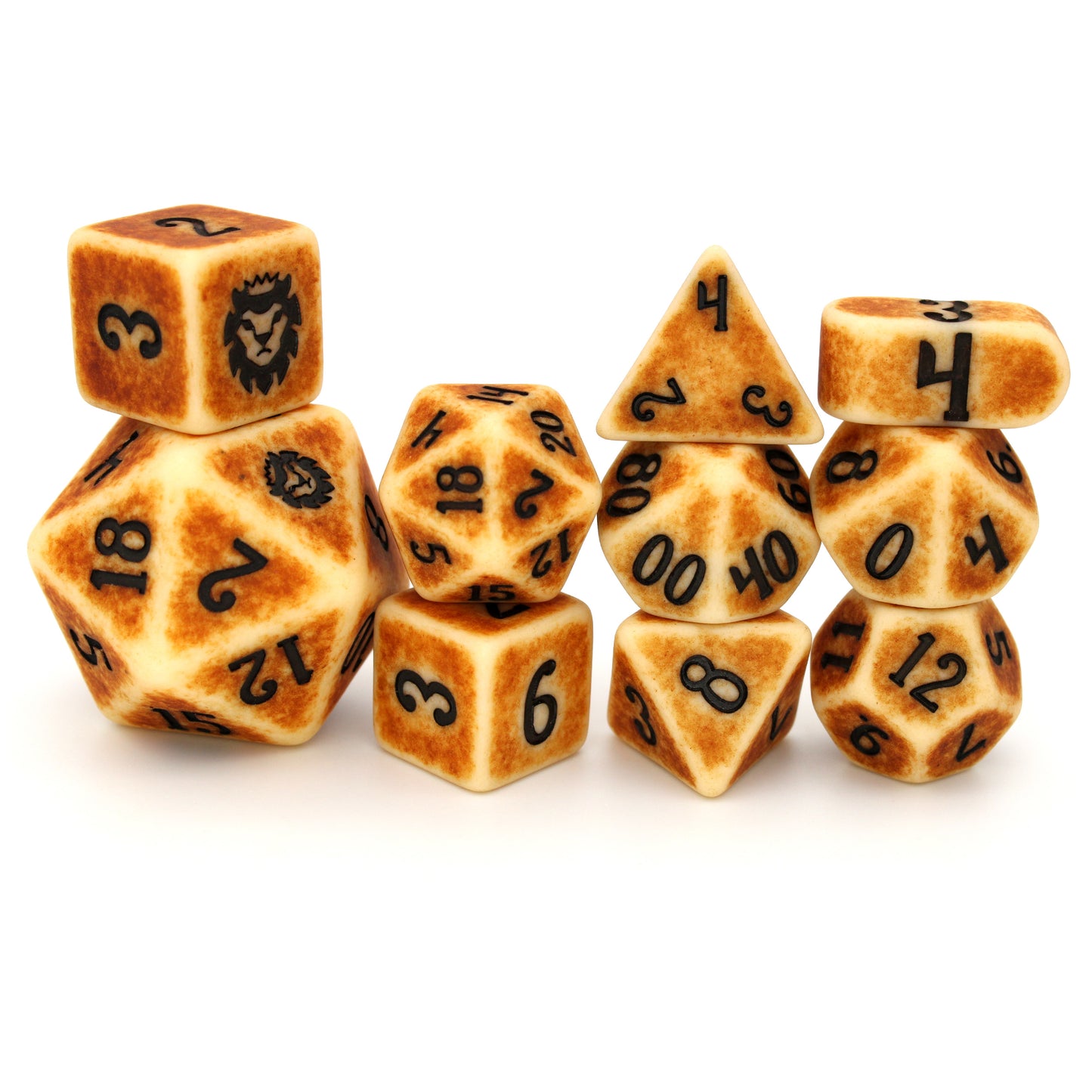 Dragon Bone (by the die) individual dice are a bone-colored resin with a matte finish and darkened center pattern. A boney part of our Monstrous Elements collection!