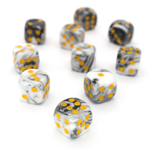 Dstroyer is a 10-piece set of black and white 12mm d6s, with pips inked in goldenrod yellow. They are part of our Pip-Squeaks collection.