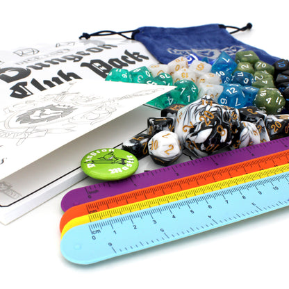 Each Dungeon Club Pack includes six mystery sets of polymer dice, five Snap Bracelet Rulers, a Combat Tracking Pad, a DM Button Pin, various printouts, and a link to digital downloads.