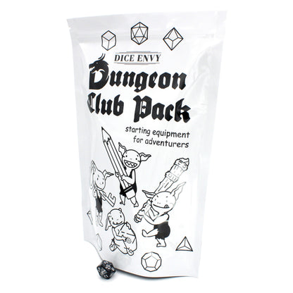 Each Dungeon Club Pack includes six mystery sets of polymer dice, five Snap Bracelet Rulers, a Combat Tracking Pad, a DM Button Pin, various printouts, and a link to digital downloads.