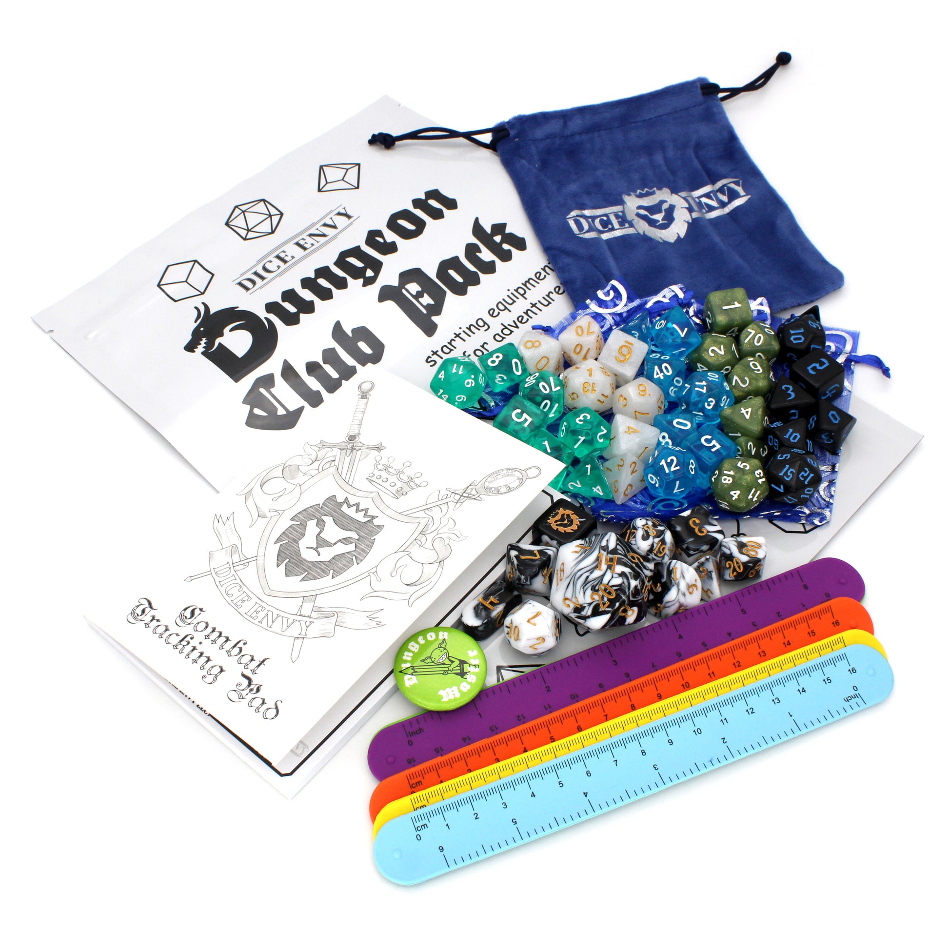 Each Dungeon Club Pack includes six mystery sets of polymer dice, five Snap Bracelet Rulers, a Combat Tracking Pad, a DM Button Pin, various printouts, and a link to digital downloads.