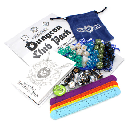 Each Dungeon Club Pack includes six mystery sets of polymer dice, five Snap Bracelet Rulers, a Combat Tracking Pad, a DM Button Pin, various printouts, and a link to digital downloads.