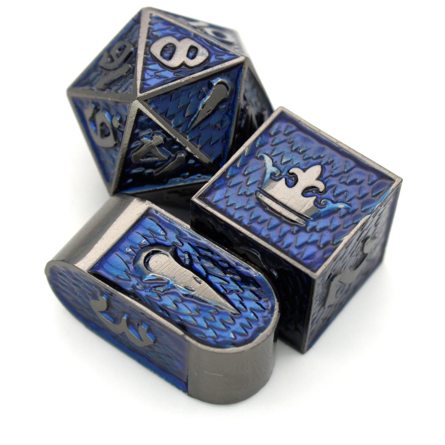 Duskmaven is an 8-piece Dice Envy exclusive set of dark, gunmetal dice in our Raven Queen mold, cloaked in twilight blue ink.