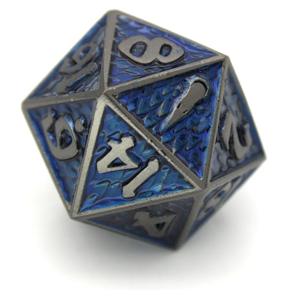 Duskmaven is an 8-piece Dice Envy exclusive set of dark, gunmetal dice in our Raven Queen mold, cloaked in twilight blue ink.