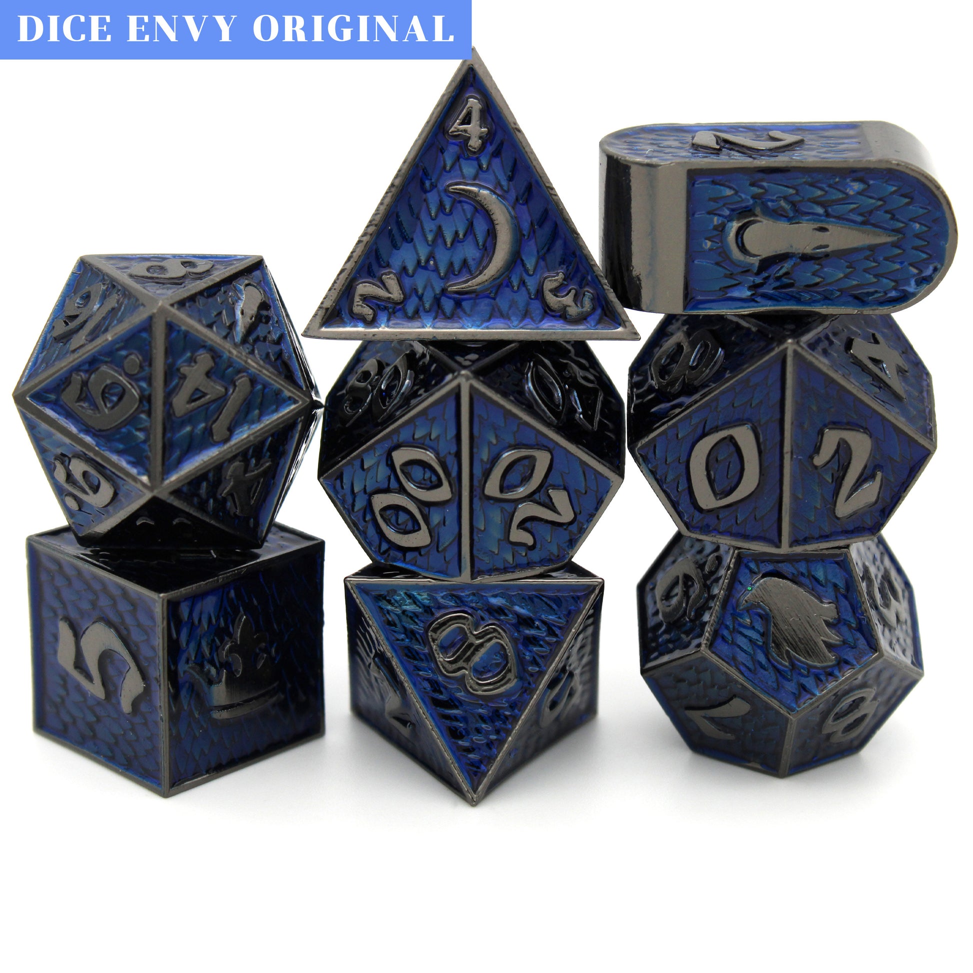 Duskmaven is an 8-piece Dice Envy exclusive set of dark, gunmetal dice in our Raven Queen mold, cloaked in twilight blue ink.