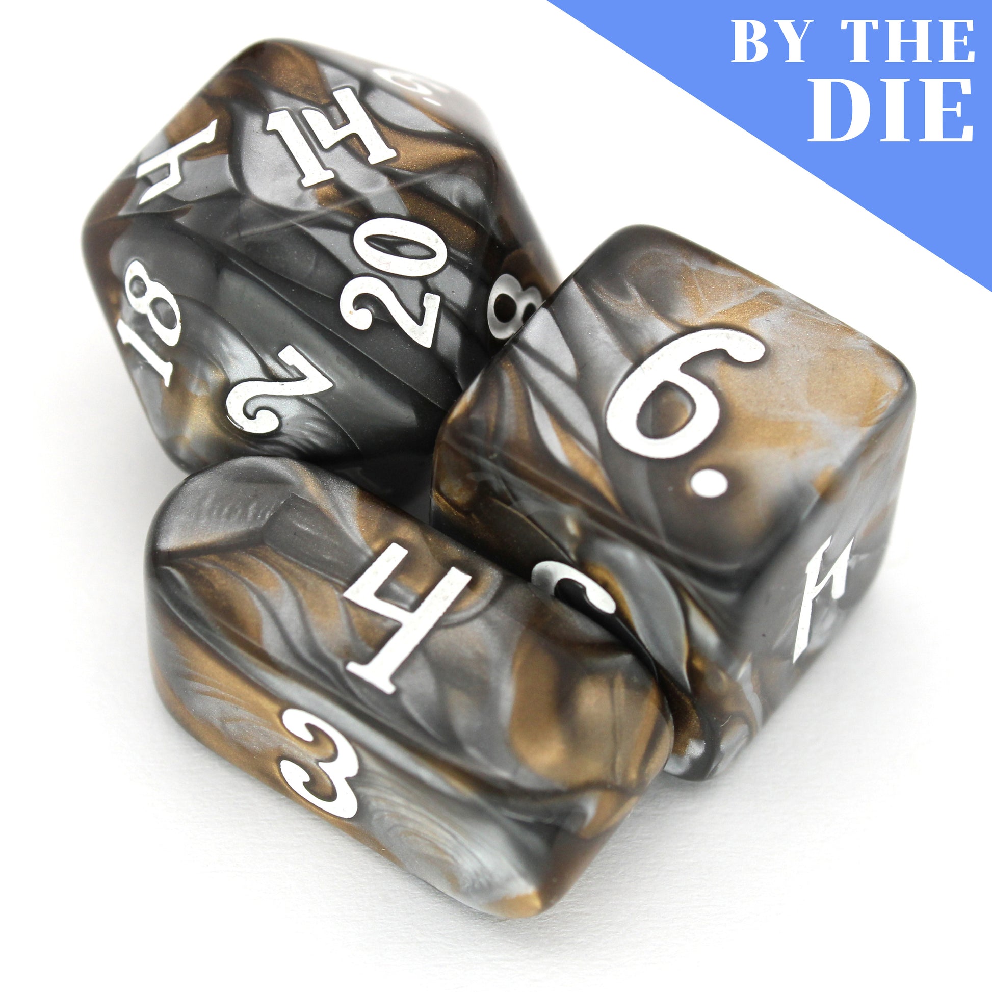 Earthquake (by the die) are individual swirled acrylic dice in earthy browns and shiny silvers, inked in a deceptively calm white.