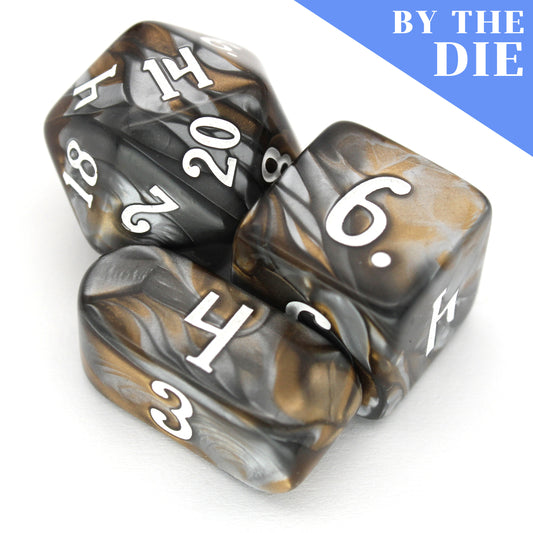 Earthquake (by the die) are individual swirled acrylic dice in earthy browns and shiny silvers, inked in a deceptively calm white.