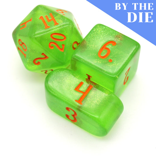 Ecto Cooler (by the die) are individual transparent green dice filled with micro glitter and inked in orange.