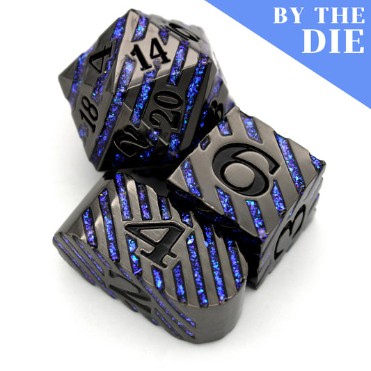 Edge Boss (by the die) individual dice are black metal dice banded in a wraparound enamel fill of glittering blue.