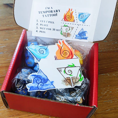 The Elemental Adept Bundle comes with four 10-piece Signature sets: FIREBALL, Shape Water, Air Apparent, and Earthquake, plus a temporary tattoo so you can show off your bending skills!