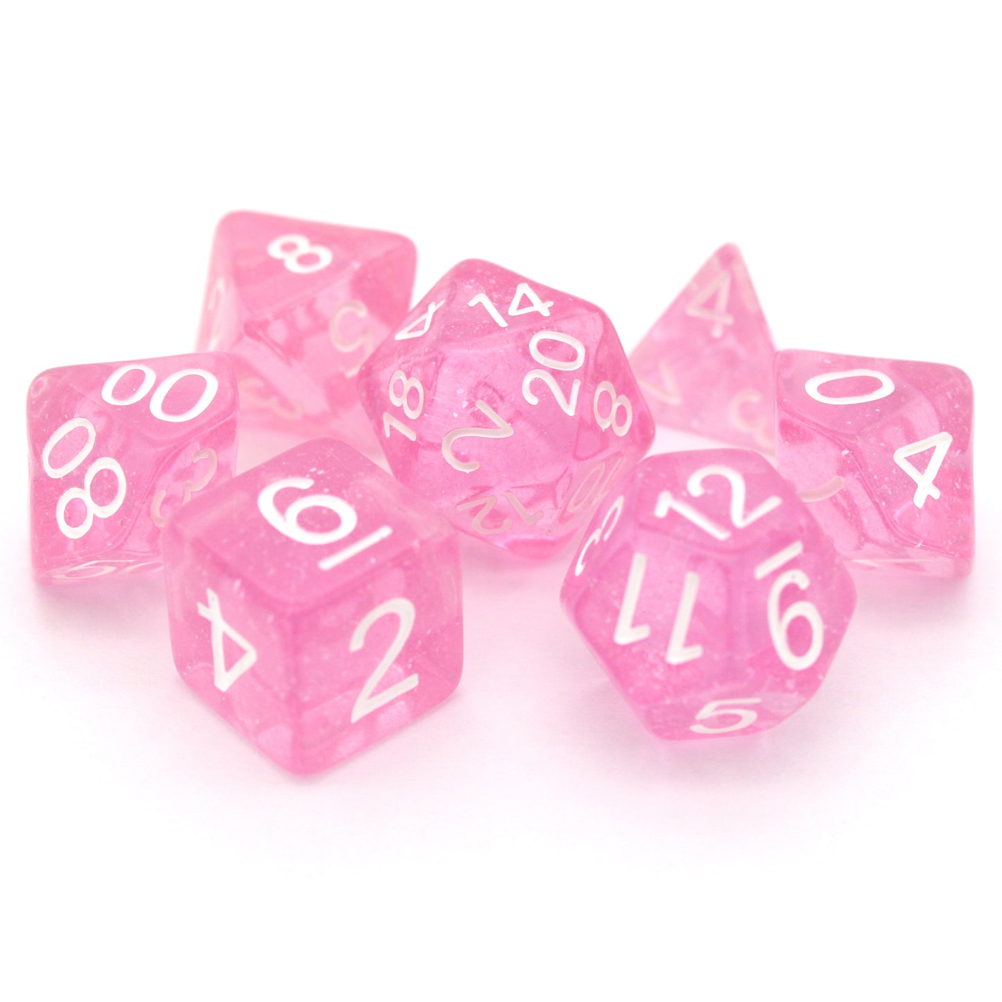 Fairy Dust is a 7-piece, 13mm polymer set of transparent pink resin dice, shimmering with silvery glitter and inked in bright white. It belongs to our tiny but mighty Wee Lads collection.