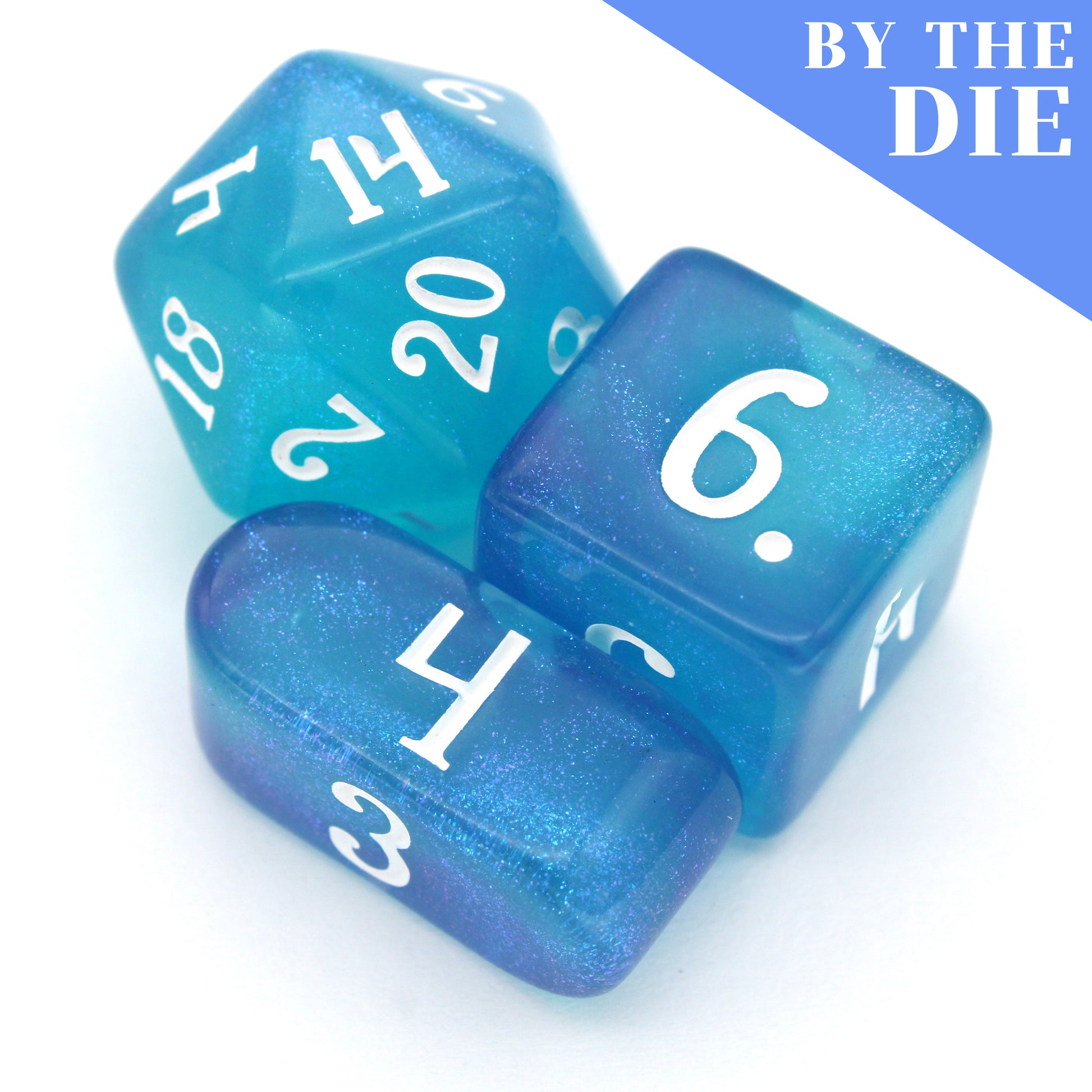 Favored Anemone (by the die) are individual ocean blue resin dice with a splash of shimmering purple, inked in white.