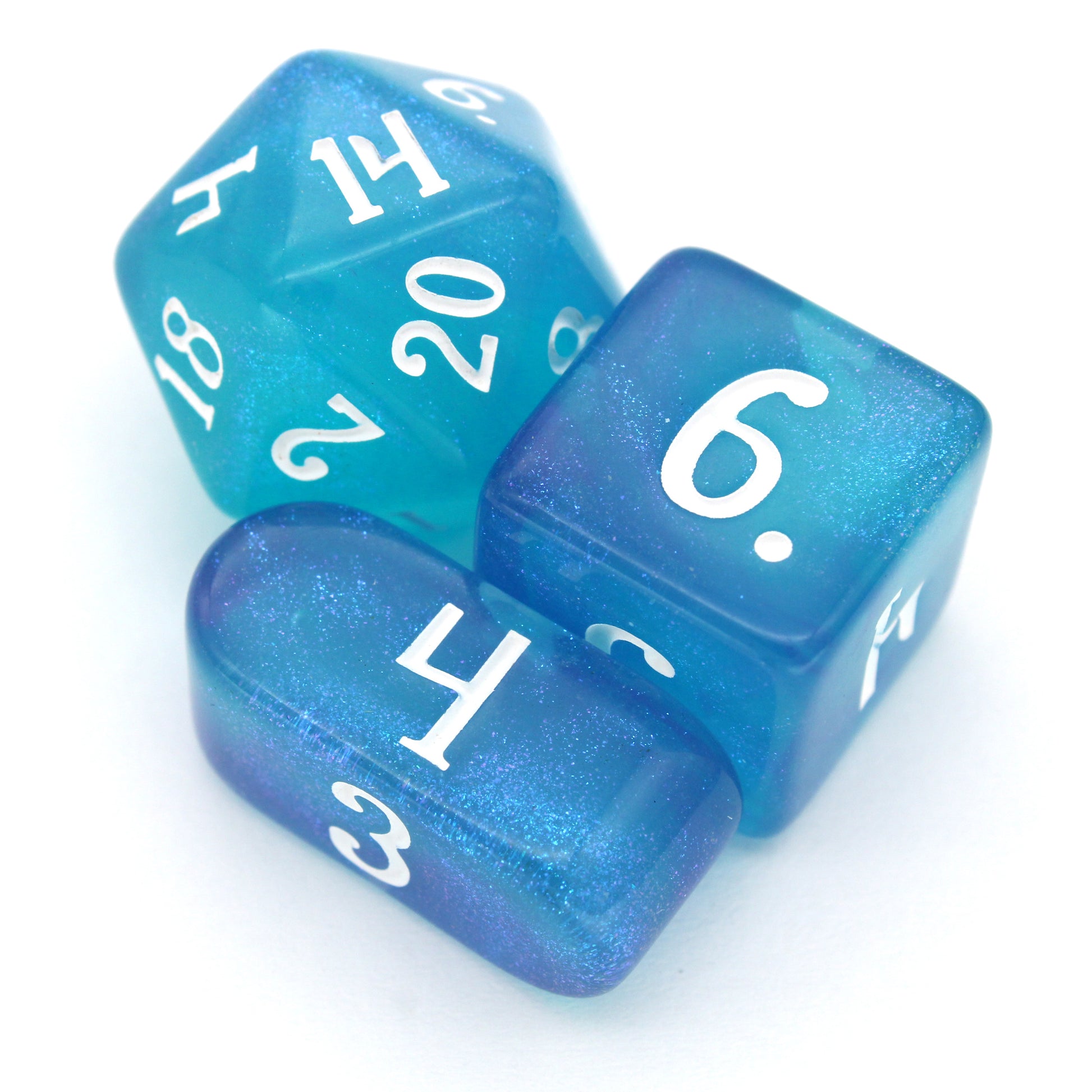 Favored Anemone is a 10-piece set of ocean blue resin dice with a splash of shimmering purple, inked in white.
