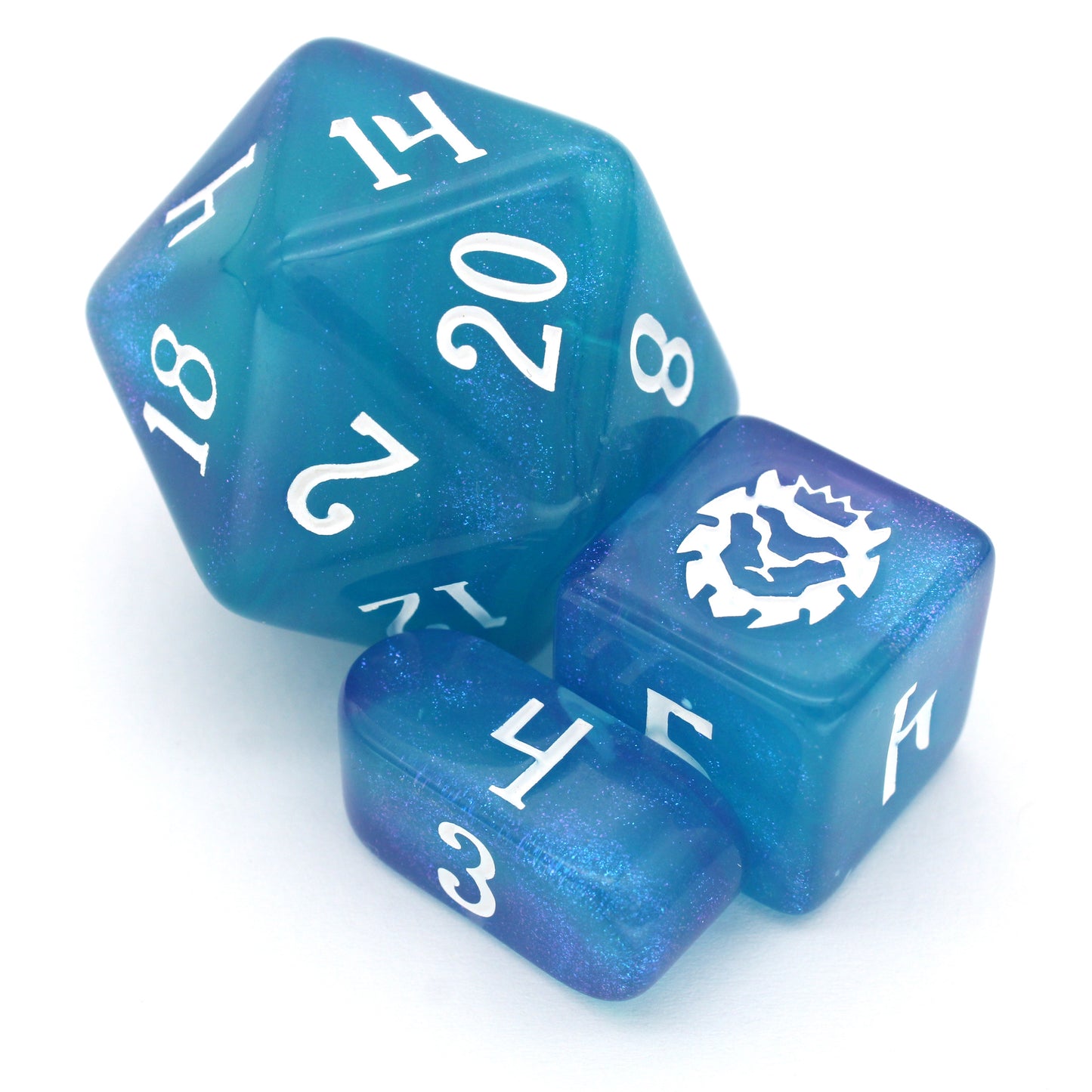 Favored Anemone is a 10-piece set of ocean blue resin dice with a splash of shimmering purple, inked in white.