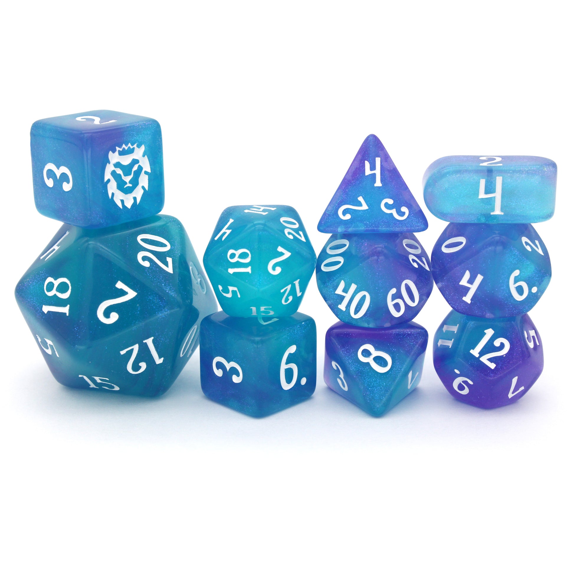 Favored Anemone is a 10-piece set of ocean blue resin dice with a splash of shimmering purple, inked in white.
