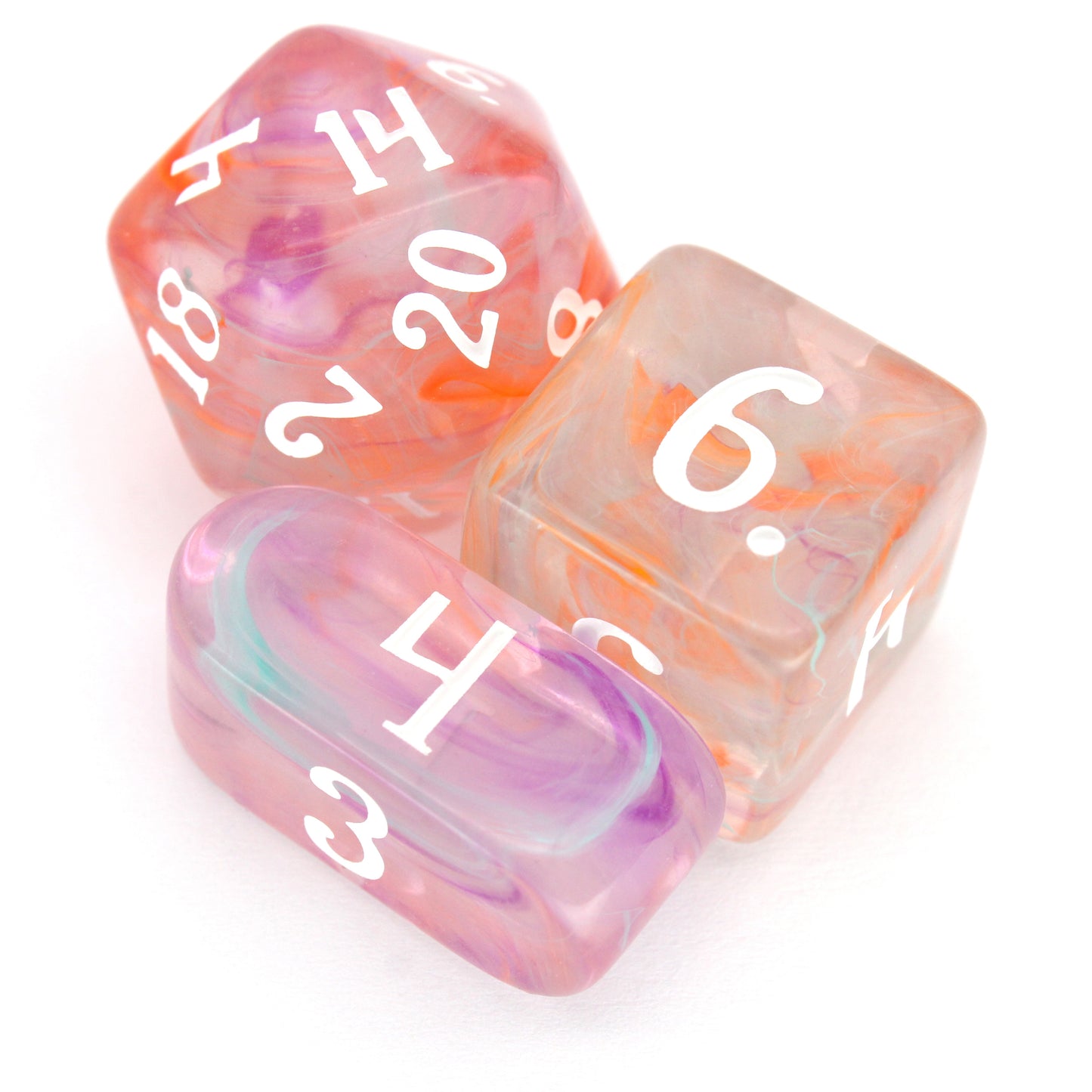 Feywild Fever is a 10-piece translucent acrylic set filled with senseless swirls of pink, orange, blue, and purple - inked in maddening white.