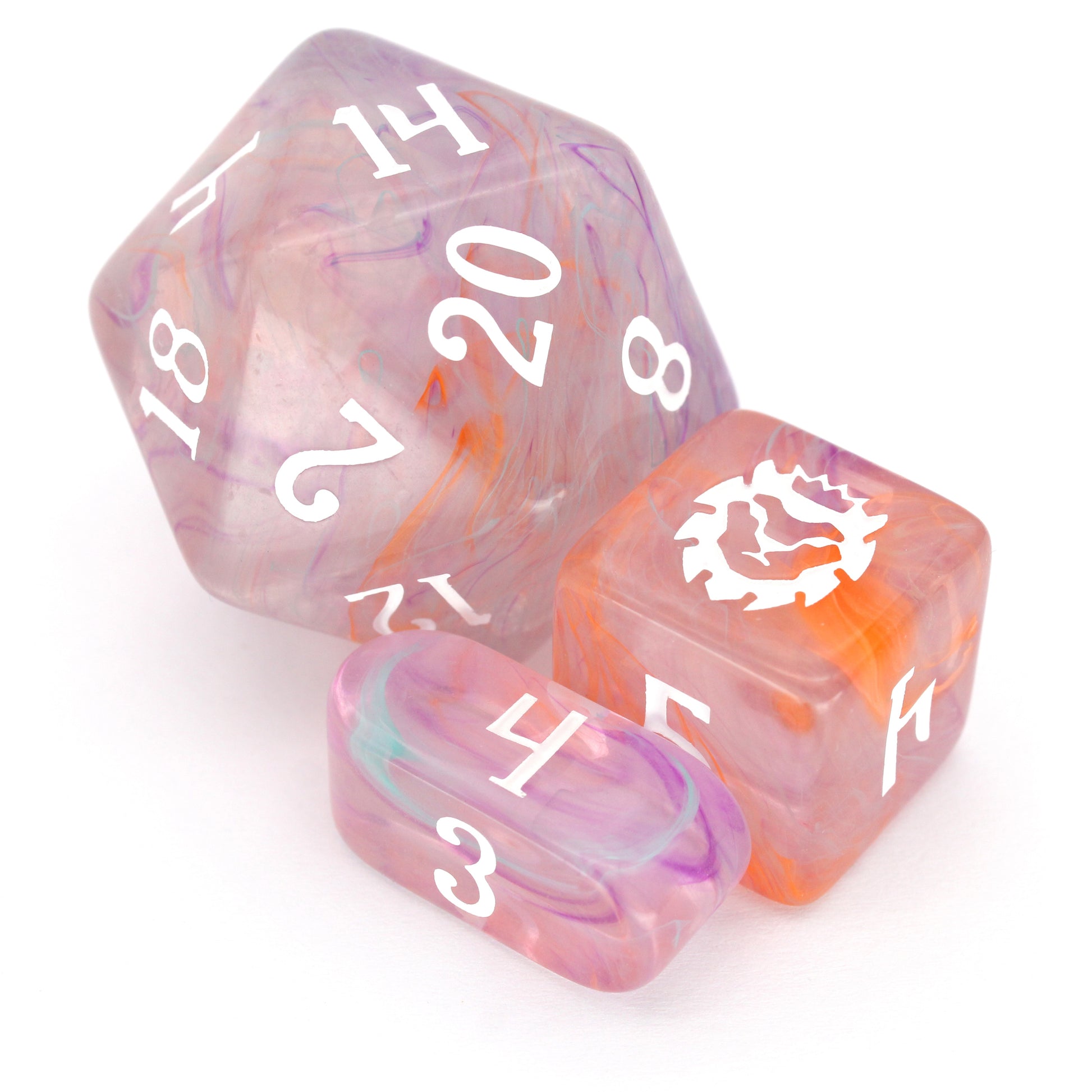 Feywild Fever is a 10-piece translucent acrylic set filled with senseless swirls of pink, orange, blue, and purple - inked in maddening white.