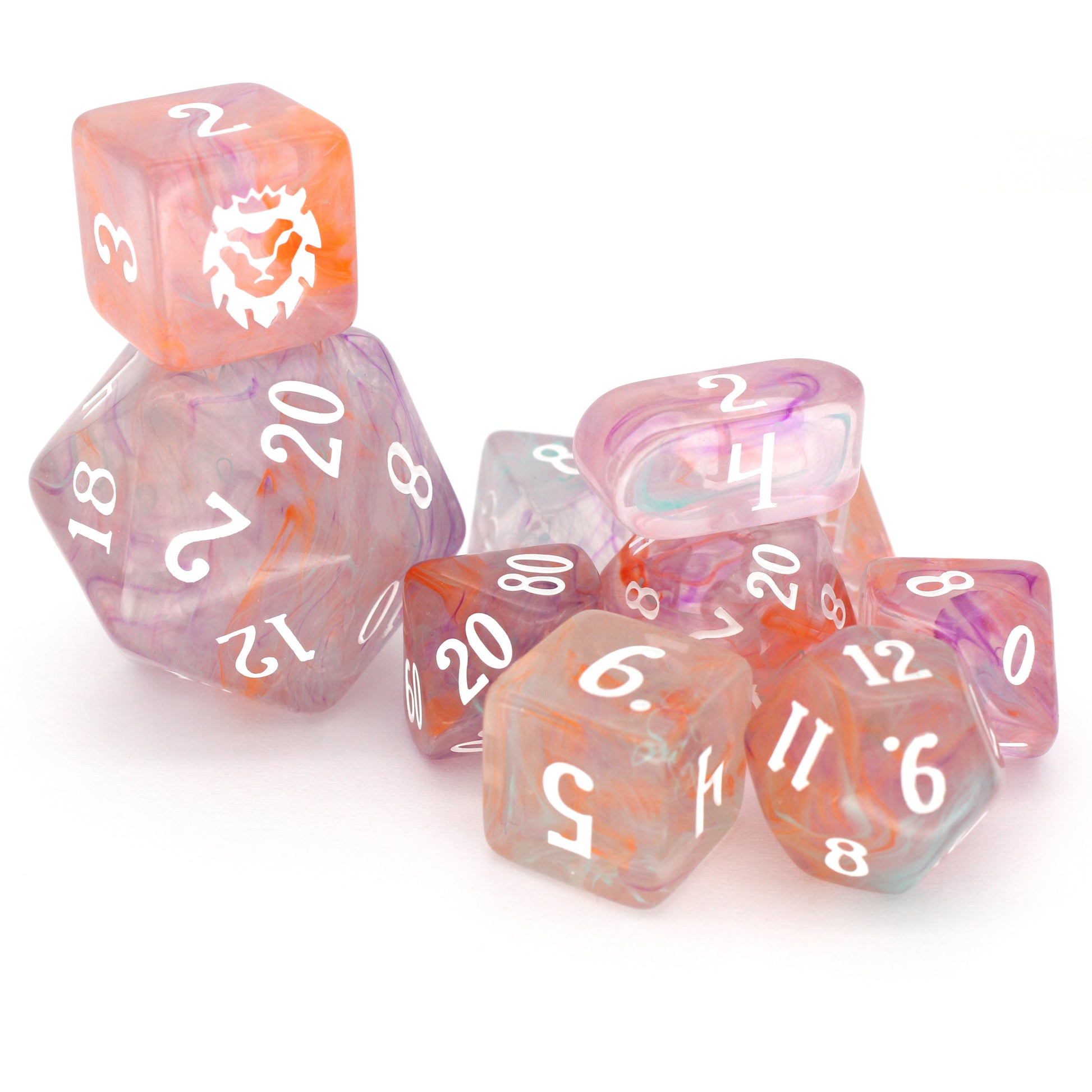 Feywild Fever is a 10-piece translucent acrylic set filled with senseless swirls of pink, orange, blue, and purple - inked in maddening white.