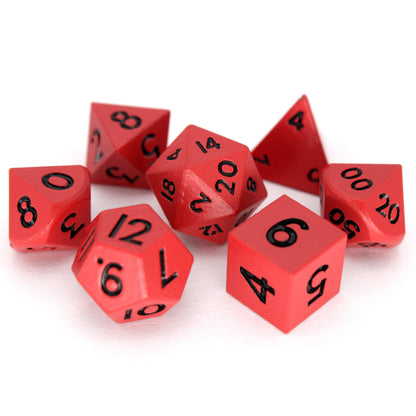 Fiends is a 7-piece set of matte, deep red colored 10mm metal dice.