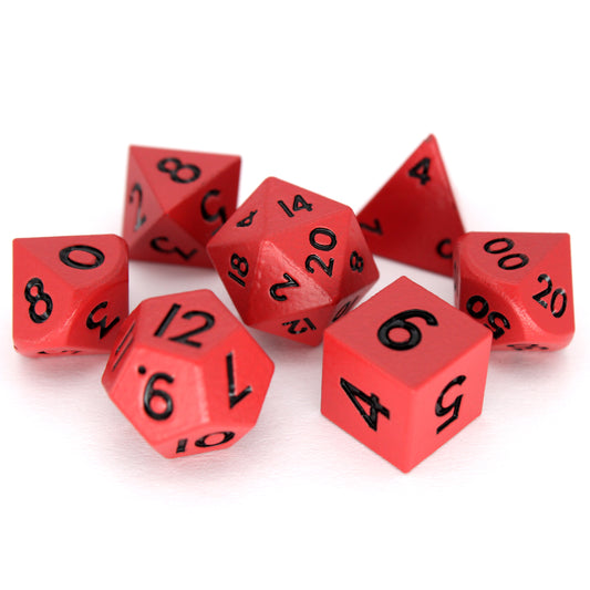 Fiends is a 7-piece set of matte, deep red colored 10mm metal dice.