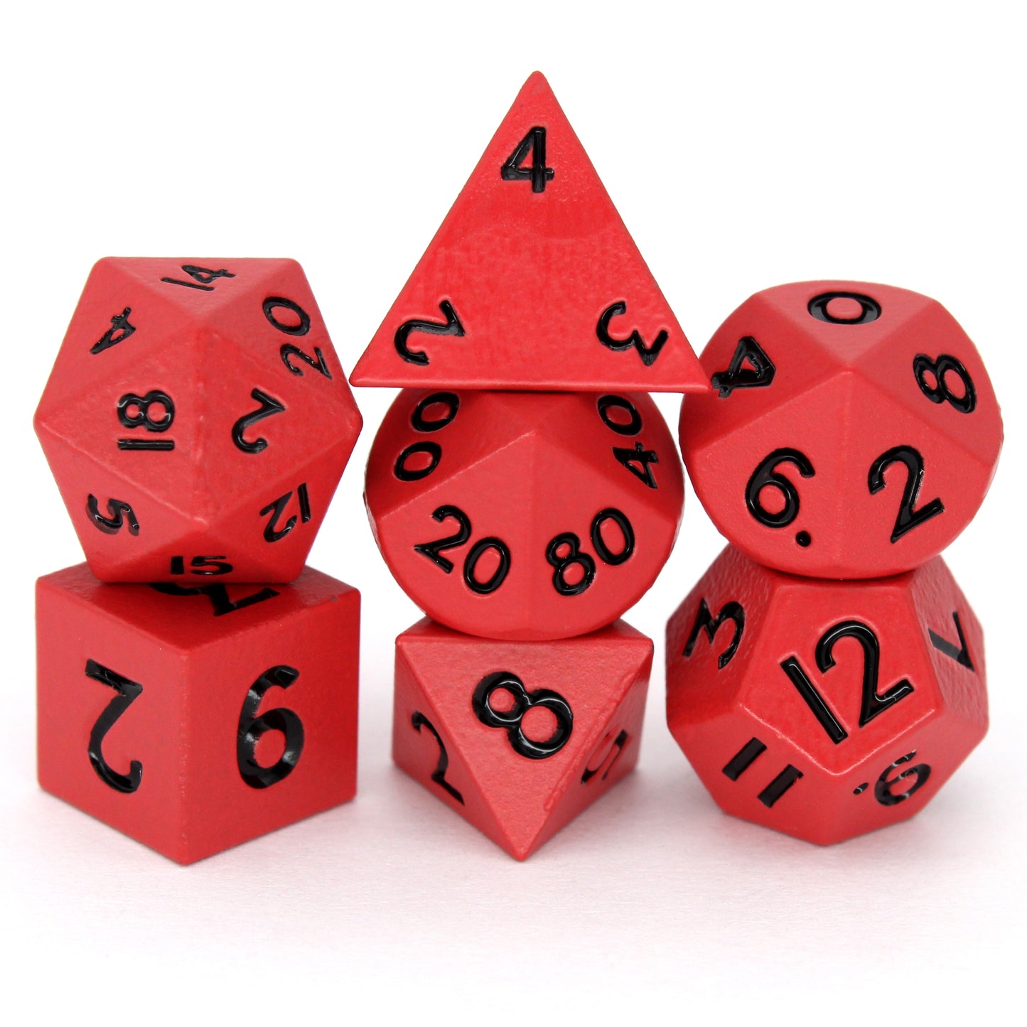 Fiends is a 7-piece set of matte, deep red colored 10mm metal dice.