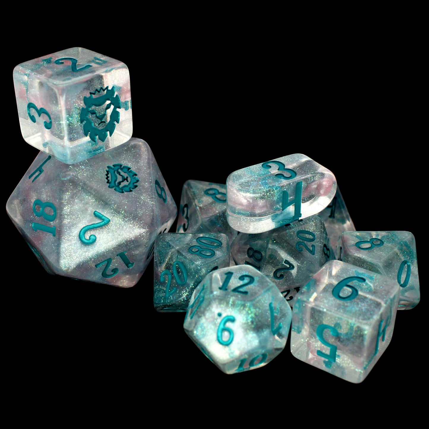 Fifolet is a 10-piece, clear acrylic set with green, iridescent micro-glitter and a rare pearlescent wisp of silvery swirl. The teal ink gives the set an otherworldly aura perfect for any ethereal character at your TTRPG table.