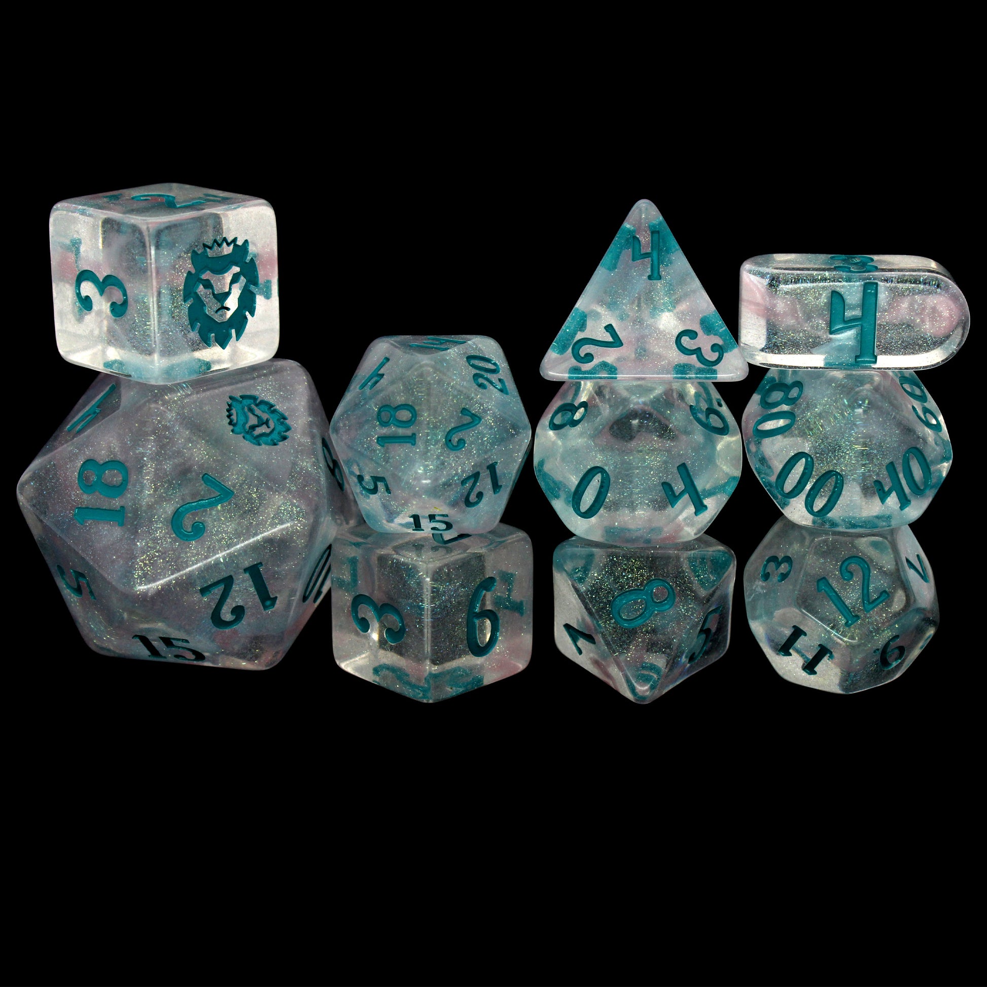 Fifolet is a 10-piece, clear acrylic set with green, iridescent micro-glitter and a rare pearlescent wisp of silvery swirl. The teal ink gives the set an otherworldly aura perfect for any ethereal character at your TTRPG table.