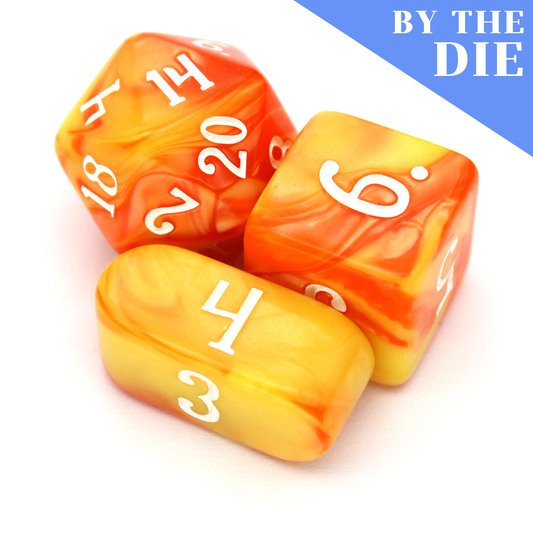 FIREBALL (by the die) individual dice come in vibrant orange and yellow, inked in white.