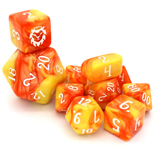 FIREBALL (by the die) individual dice come in vibrant orange and yellow, inked in white.