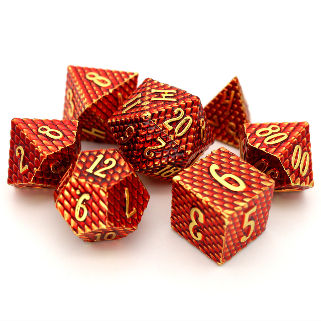 Firedrake is a 7-piece red and gold scaled metal set with bright gold numbering.