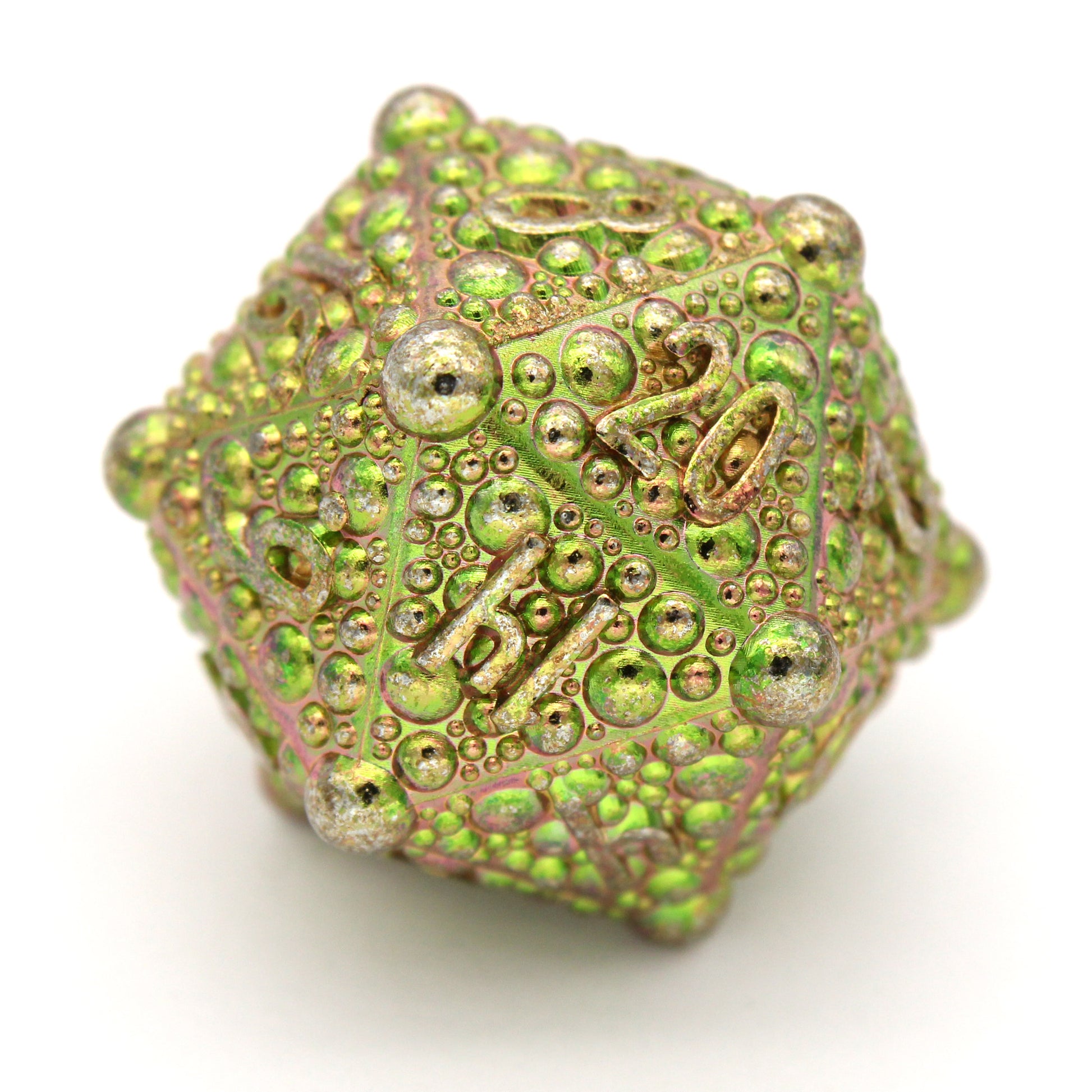 Fizbang is an 8-piece Dice Envy Original metal set in color shifting, green-to-orange, anodized zinc.