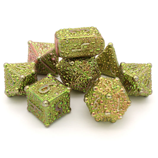 Fizbang is an 8-piece Dice Envy Original metal set in color shifting, green-to-orange, anodized zinc.