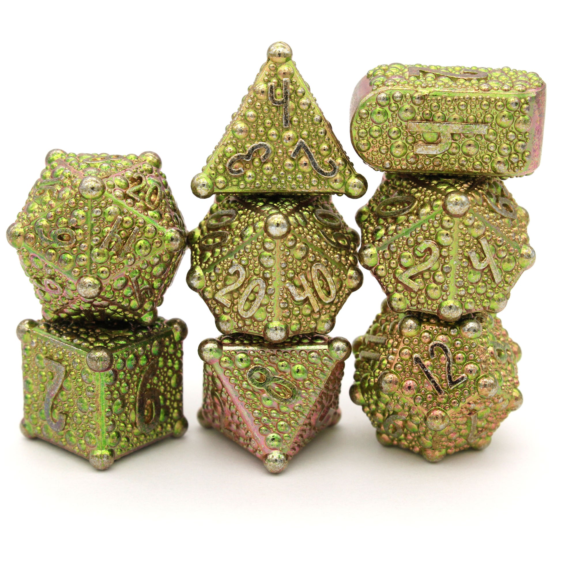 Fizbang is an 8-piece Dice Envy Original metal set in color shifting, green-to-orange, anodized zinc.