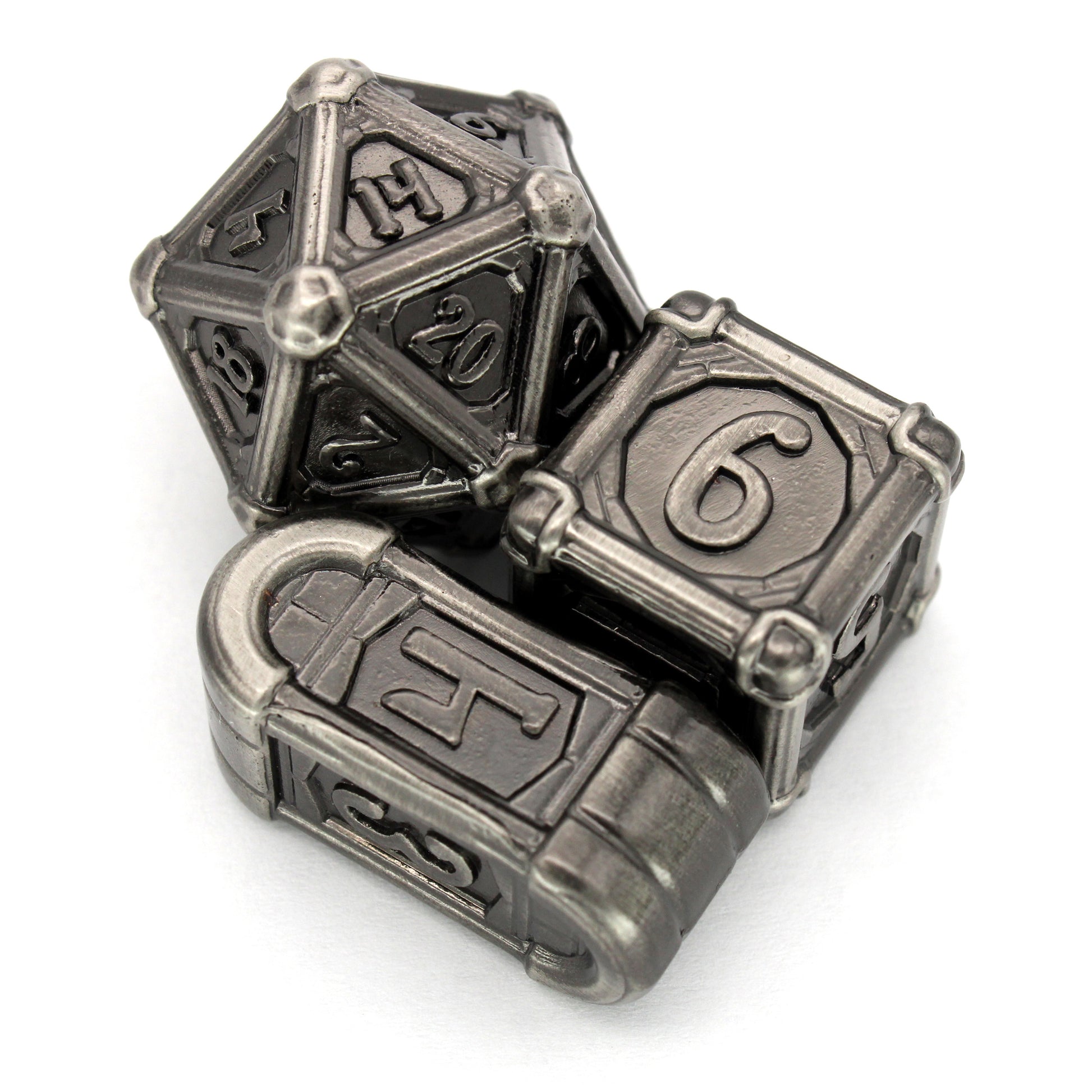 Fors Fortuna is an 8-piece Dice Envy Original set of ancient silver colored metal dice in our Colonnade mold.